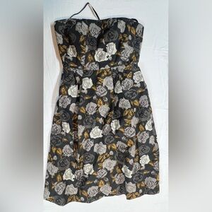 J.Crew Floral Strapless Dress Size 0 Black Gray Yellow Rose Print